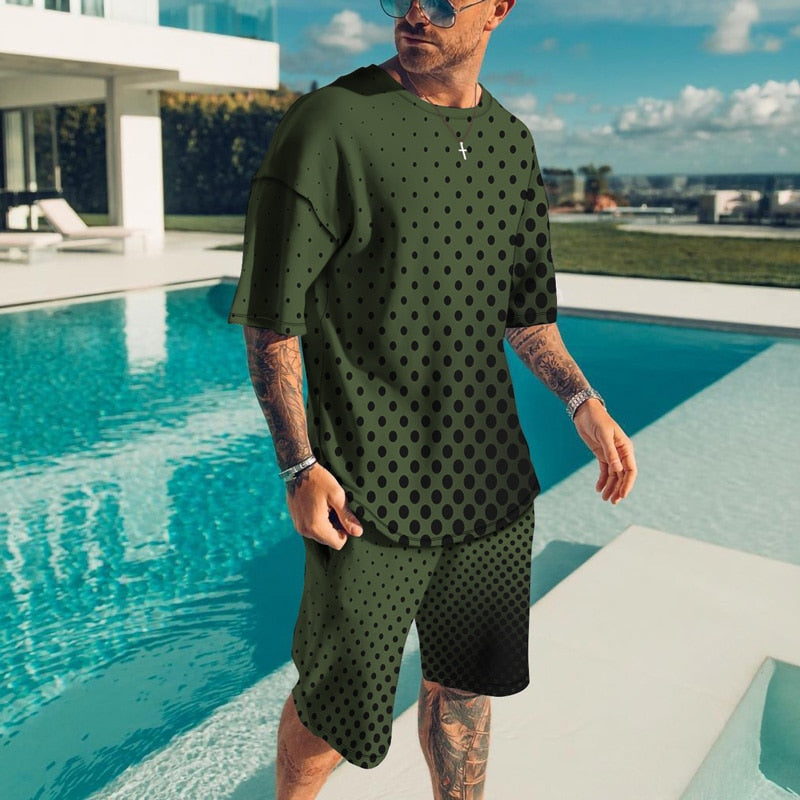 Men's 3D Print Wave Point T Shirt Set  Clothes Outfits Streetwear Tracksuit