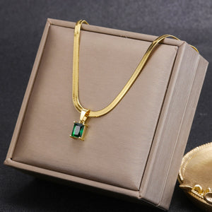 Women's Snake Bone Chain Blade Vintage Steel Zircon Necklace Flat Square Emerald Pendant