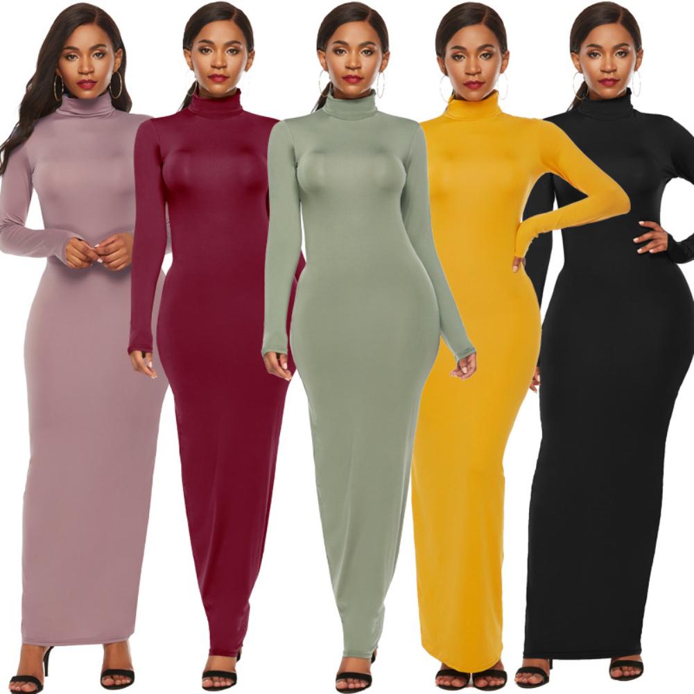 Gym Fitness Women's Long Sleeve Solid Color Turtleneck Maxi Dresses