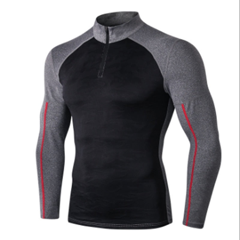 Gym Fitness Men's Hiking Shirt Runiing Bodybuilding Stand Collar Long Sleeve Shirt Fitness Compression  With Top Zipper
