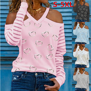 Women's  off-the-shoulder long-sleeved v-neck female Tee T-shirts