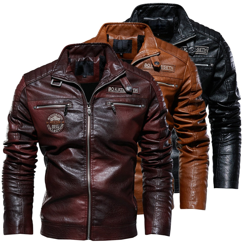 Gym Fitness Leather Jacket Men Winter Fleece Motorcycle PU Leather Jacket Men's Stand Collar Casual Windbreaker
