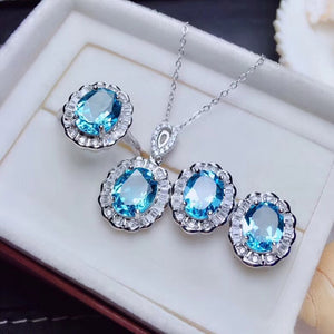 Women's Blue Topaz  Stone Necklaces Earrings Rings Luxury Jewelry Sets