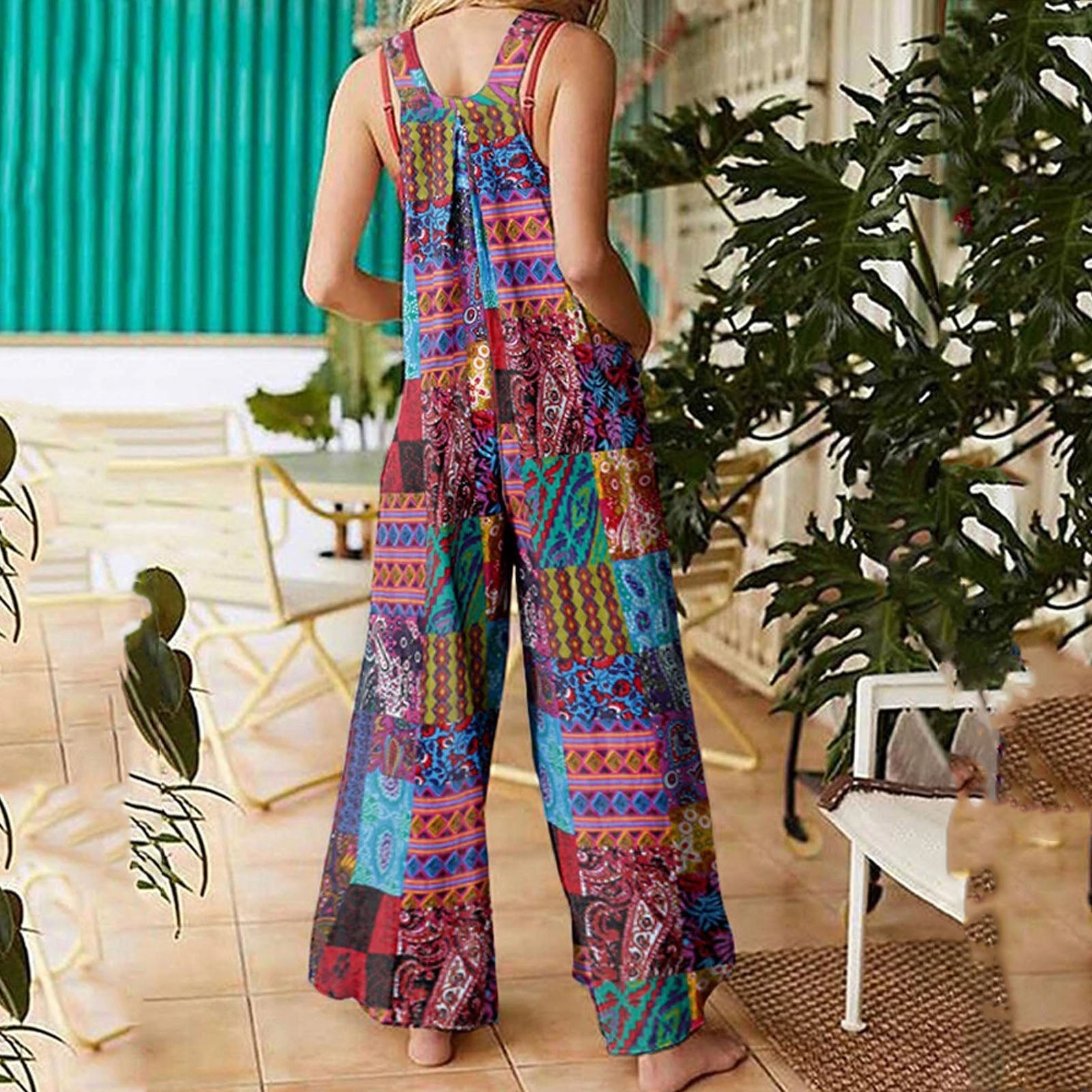 Women's Casual Rompers Ethnic Style  Jumpsuits  Overalls Multi-color  Square Neck Sleeveless with Pockets