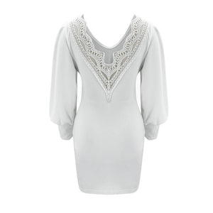 Women's Warm Black, White  Open-Back Dresses Fort Lace Lantern Sleeve V-Neck Sweater