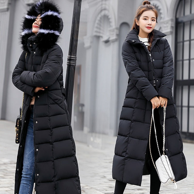 Women's  Warm Fashion Bow Belt fur Collar Coat Long Dress Thick Coat