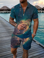Lade das Bild in den Galerie-Viewer, Men&#39;s Shirt and Shorts Sets Zip-Up 3D Polo  Casual Star Print Short Sleeve Zip-Up Polo Shirt and Shorts
