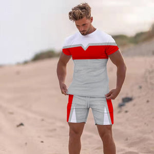 Men's Short Sleeve T-shirts Shorts   T Shirt Set Fashion Stripe Casual Sport Suit