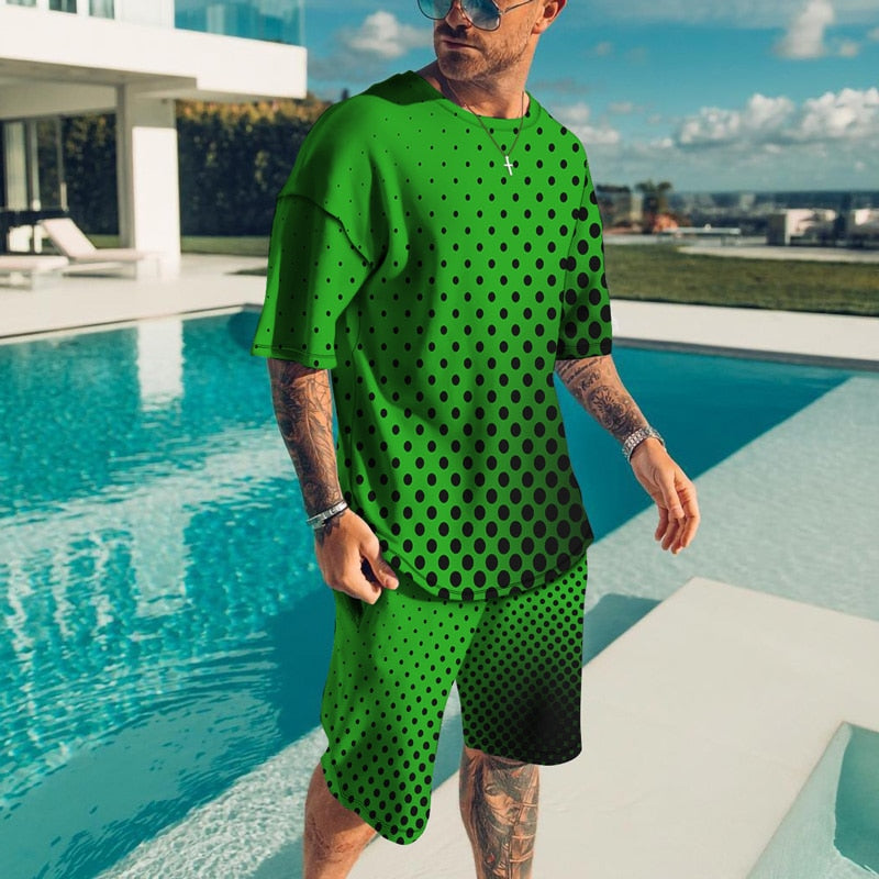 Men's 3D Print Wave Point T Shirt Set  Clothes Outfits Streetwear Tracksuit