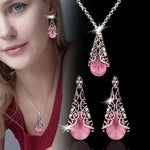 Charger l&#39;image dans la galerie, Women&#39;s  White Black Pink Blue Opal Pendant Necklace Vintage Earrings Set Antique Silver Color Retro Jewelry
