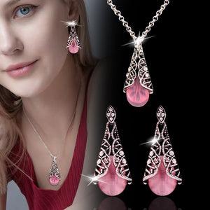 Women's  White Black Pink Blue Opal Pendant Necklace Vintage Earrings Set Antique Silver Color Retro Jewelry