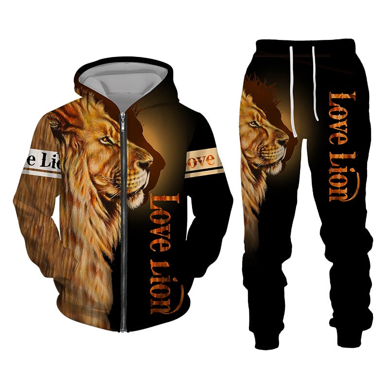 Gym Fitness Tracksuit 3D The Lion Print Zipper Hoodies Sweatshirts Pants Sets Casual Tracksuit