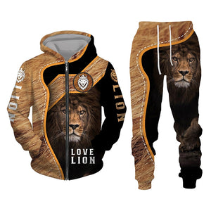 Gym Fitness Tracksuit 3D The Lion Print Zipper Hoodies Sweatshirts Pants Sets Casual Tracksuit