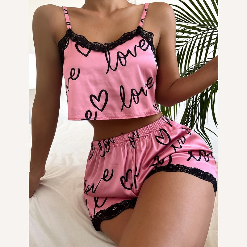 Women 's Pajama Sets Soft Silk Satin Sleepwear Pyjamas Crop Tops And Shorts Nightwear Set