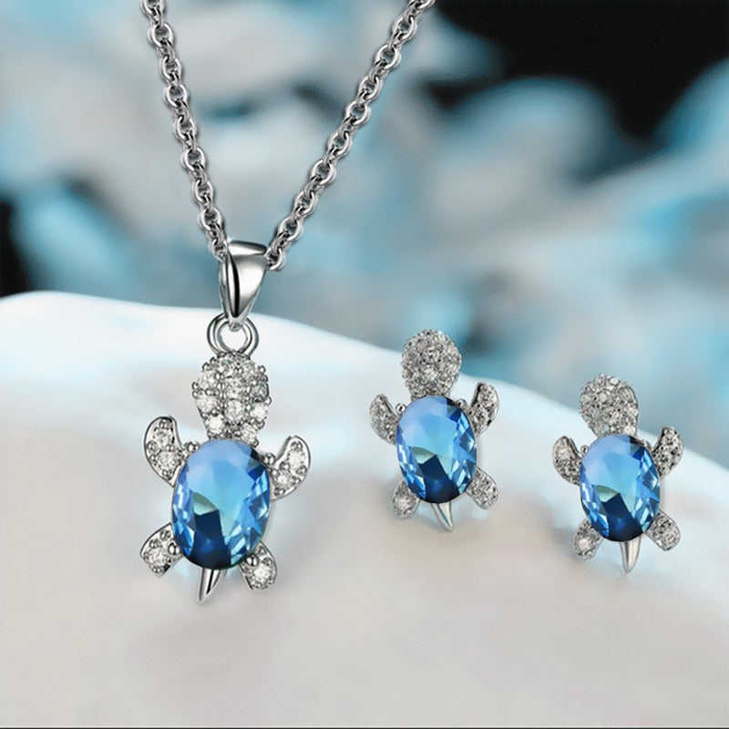 Women's Colorful Crystal Cute Turtle Necklace Earrings 3pcs Creative Glamour Jewelry Set