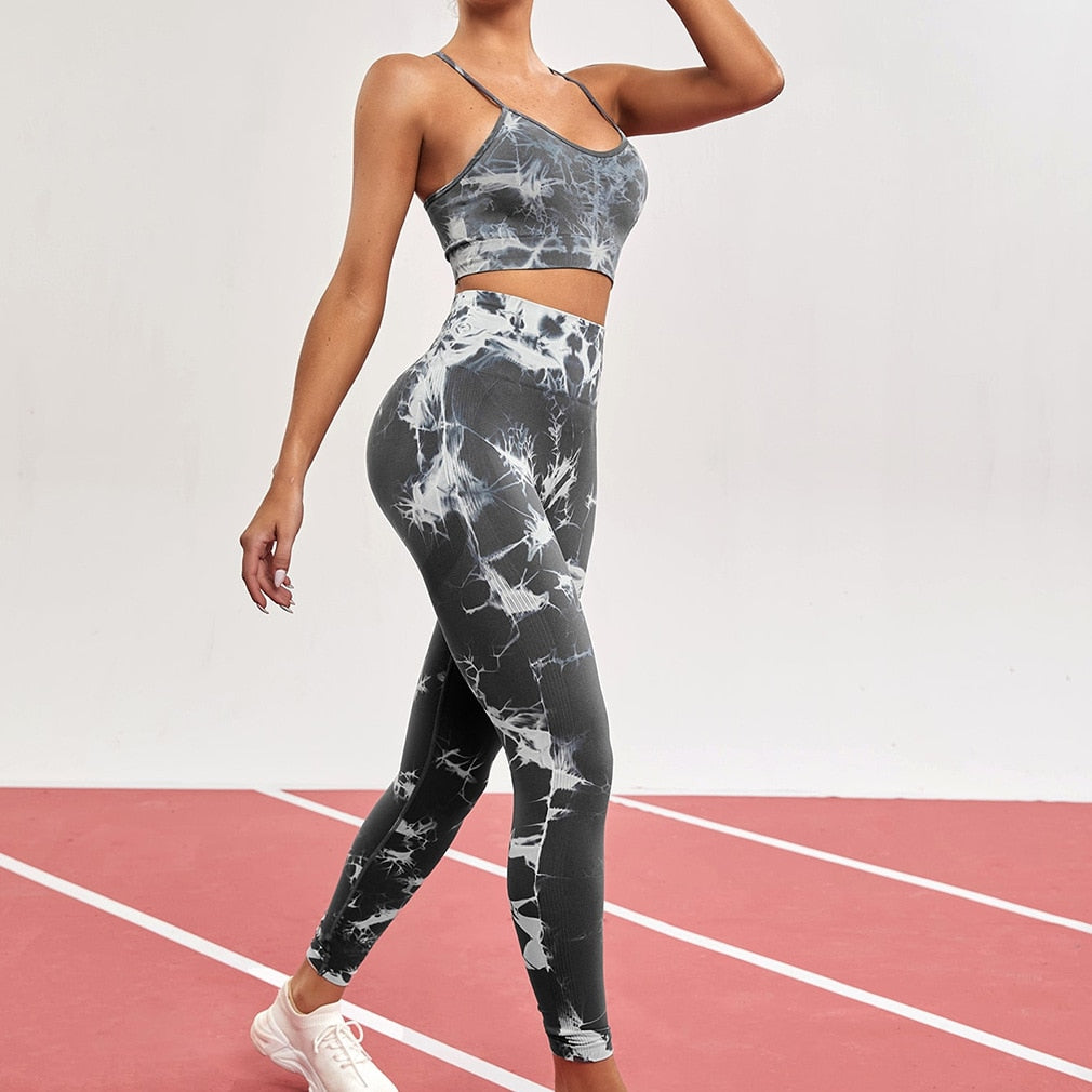 Gym Fitness Women Fitness's Sportswear 2 Pcs Tie Dye Sport Suit Seamless Yoga Set  Gym Workout Clothes Shorts Set Sexy Bra Yoga Pant Tracksuit