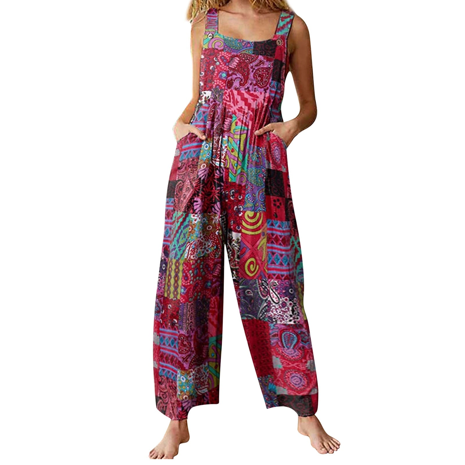 Women's Casual Rompers Ethnic Style  Jumpsuits  Overalls Multi-color  Square Neck Sleeveless with Pockets