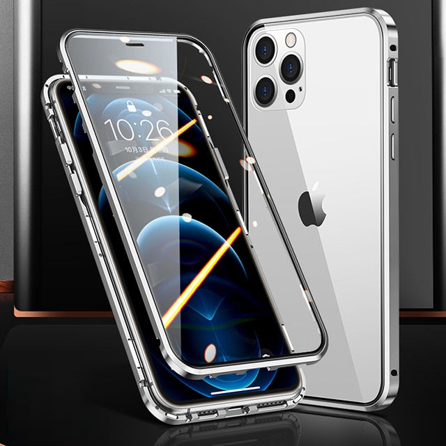 Magnetic Phone Metal  Frame Case al Double Sided Glass  For iPhone 14 13 12 11 Pro Max X XS  8 7 14 Plus 13 12Mini Camera Lens Cover