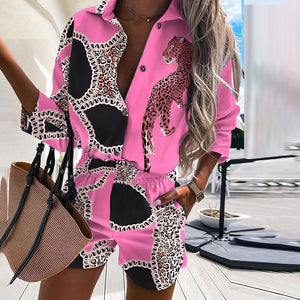 Gym Fitness 2 Piece Set Button Shirt Leopard Print Shorts Suit Half Sleeve Shirts Tops And Shorts Outfits