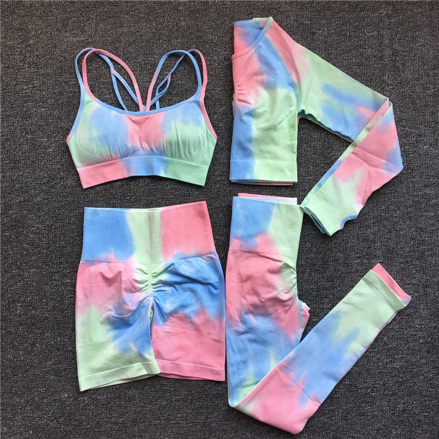 Women Tie Dye Sportswear Yoga Set Workout Leggings Scrunch Leggings Gym Shorts,Seamless Gym Fitness Sports Bra, Yoga Tracksuit