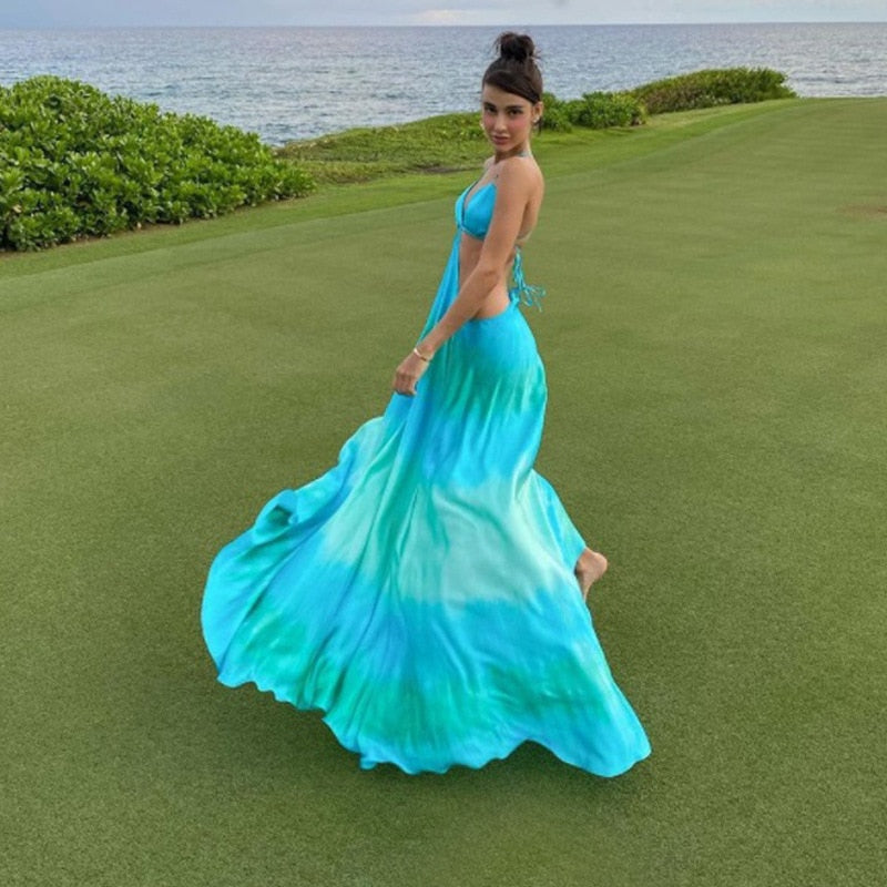 Women 's Long Cut Out Beach Halter Backless  Elegant Maxi Dress