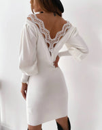 Charger l&#39;image dans la galerie, Women&#39;s Warm Black, White  Open-Back Dresses Fort Lace Lantern Sleeve V-Neck Sweater
