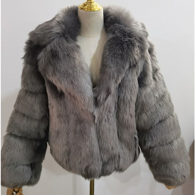 Women's Silver Grey Artificial Faux Fur Jacket Thick Warm Fluffy Winter Outerwear Office Lady Coats