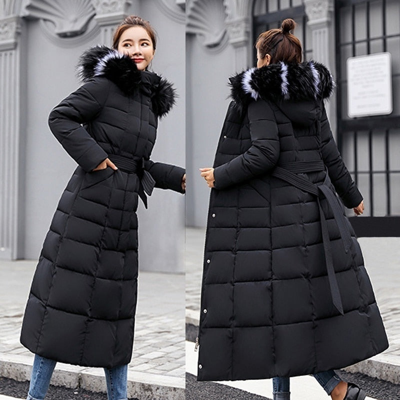 Women's  Warm Fashion Bow Belt fur Collar Coat Long Dress Thick Coat
