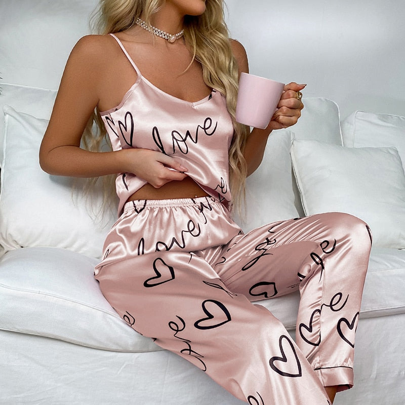 Women's Nightwear Pyjama Lingerie Silk Pajamas Set  Satin  with Trousers