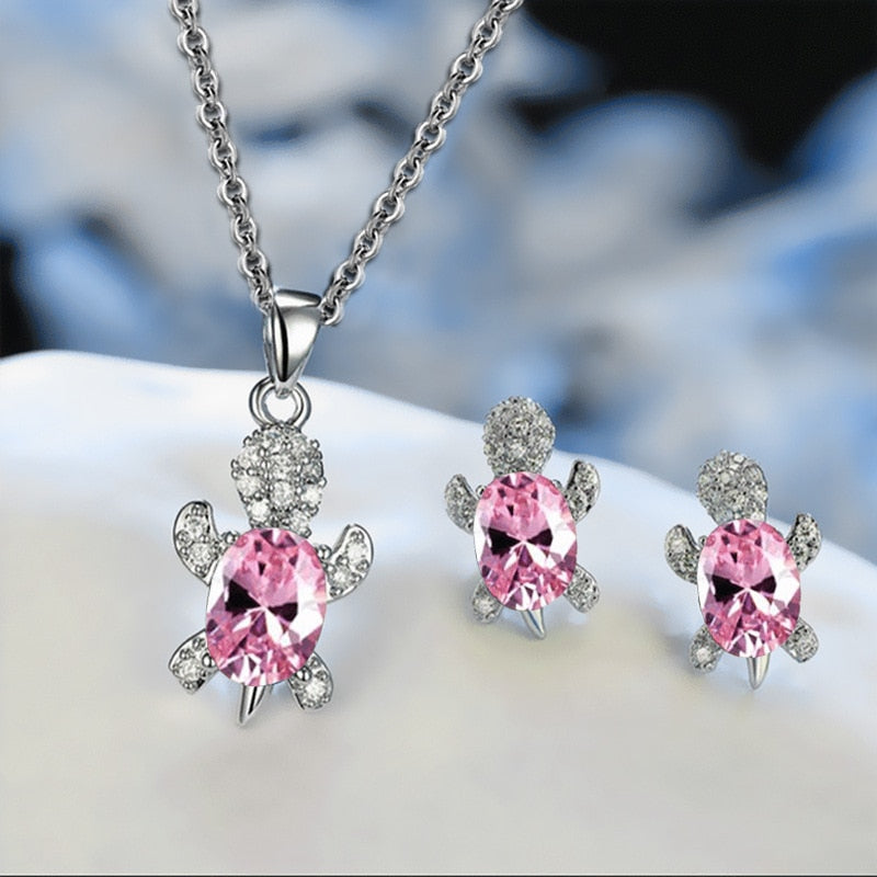 Women's Colorful Crystal Cute Turtle Necklace Earrings 3pcs Creative Glamour Jewelry Set