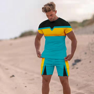 Men's Short Sleeve T-shirts Shorts   T Shirt Set Fashion Stripe Casual Sport Suit