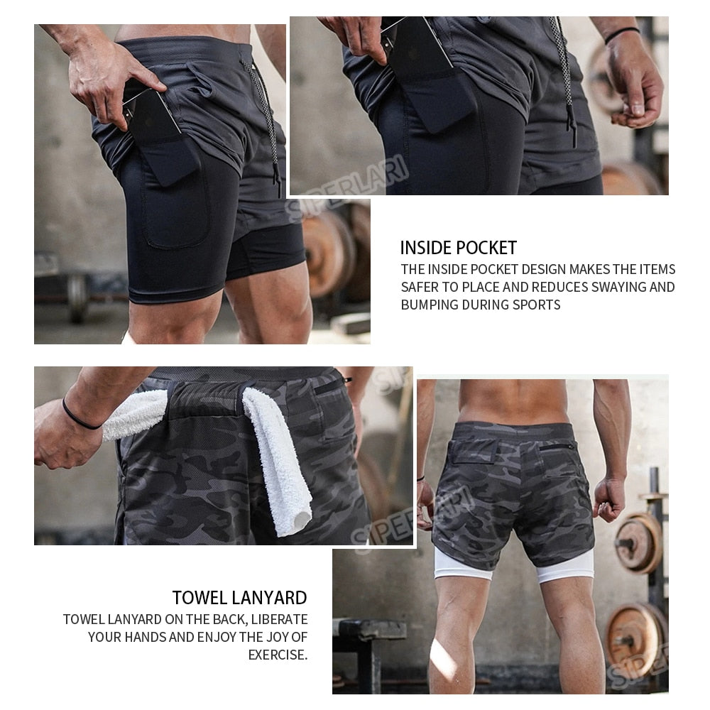 Gym Fitness Men Sports Short Pant 2 In 1 Double-deck Quick Dry GYM  Fitness Jogging Workout Shorts