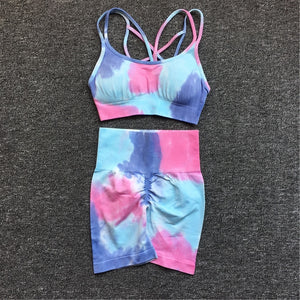 Women Tie Dye Sportswear Yoga Set Workout Leggings Scrunch Leggings Gym Shorts,Seamless Gym Fitness Sports Bra, Yoga Tracksuit