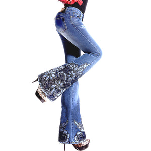 Women's Beading Embroidered Mid Waist Big Flared Jeans Boot Cut Embroidery Lace Bell Bottom Jeans Denim Trousers