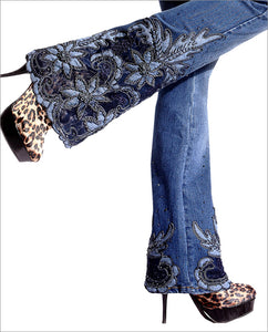 Women's Beading Embroidered Mid Waist Big Flared Jeans Boot Cut Embroidery Lace Bell Bottom Jeans Denim Trousers