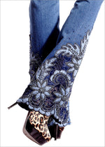 이미지를 갤러리 뷰어에 로드 , Women&#39;s Beading Embroidered Mid Waist Big Flared Jeans Boot Cut Embroidery Lace Bell Bottom Jeans Denim Trousers
