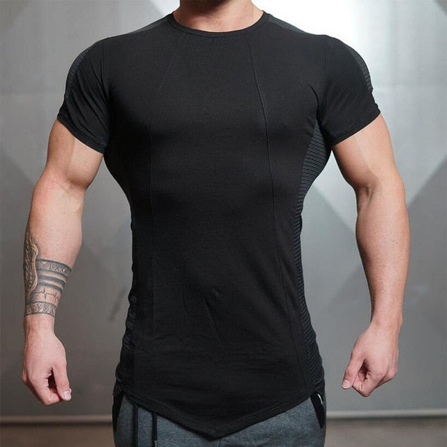 Men's Tight-Fitting Short-Sleeved T-shirt Fitness Gyms Fitness Splicing Cotton T-shirt