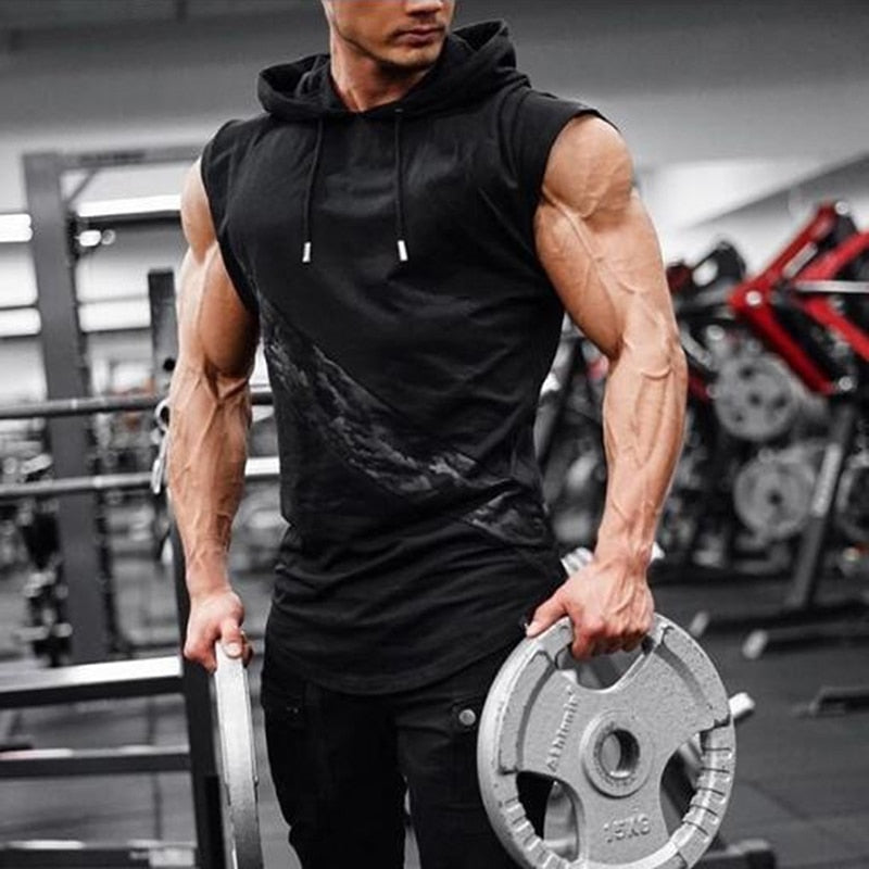 Men's High Elasticity Fitness Vest Bodybuilding Stringer Tank Top Muscle Sleeveless Hoodie Top