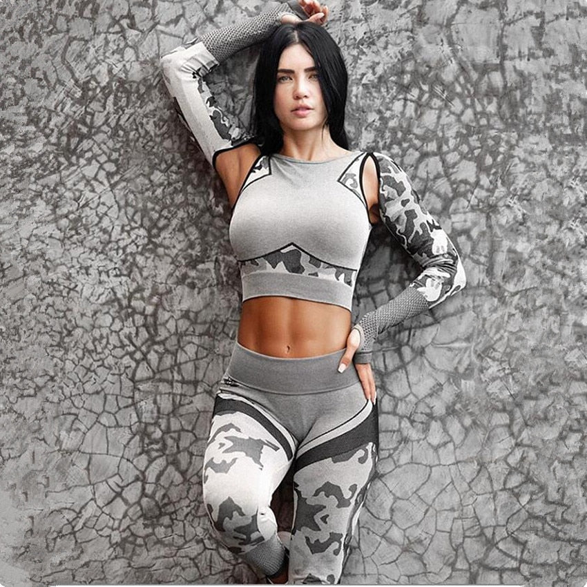 Women's Seamless Camouflage Long Sleeve Tops High Waist  Suits Tight Workout Pants Yoga Set