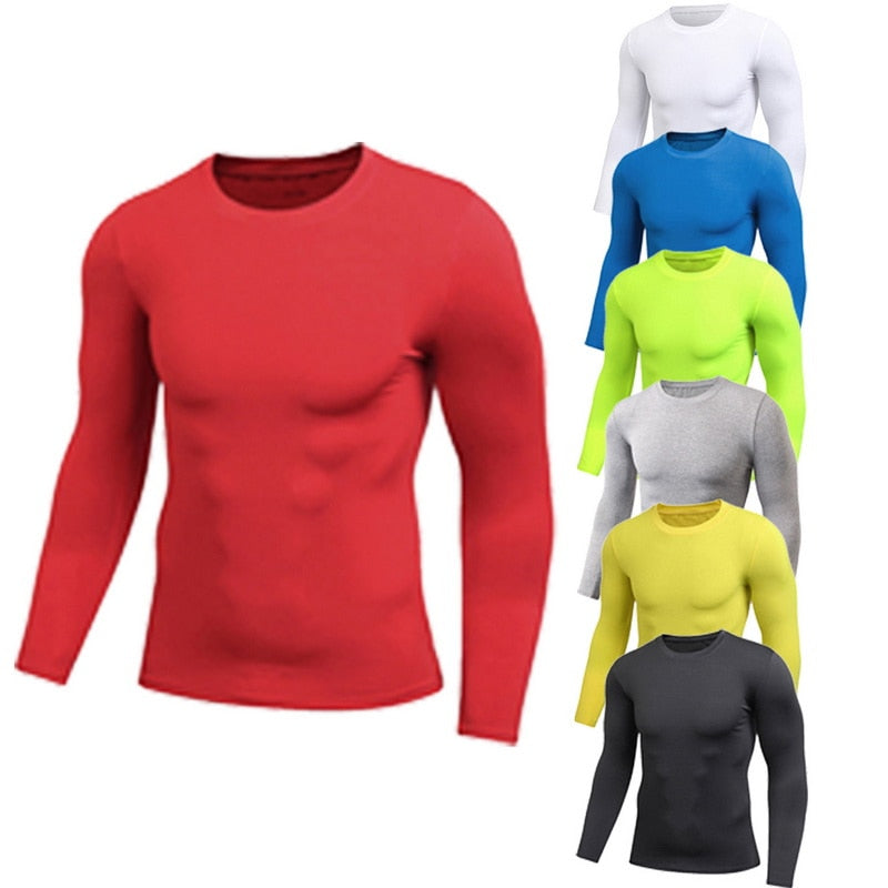 Gym Fitness Solid Men's Tight Elastic Sweating Quick Drying Long Sleeved Shirt Compression Fitness Tops