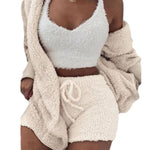 이미지를 갤러리 뷰어에 로드 , Gym Fitness Home Wear Suit Casual Pajamas Set Women&#39;s Soft Warm Long Sleeve Exposed Navel Vest Shorts 3 Pcs/set
