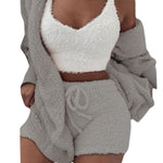 Charger l&#39;image dans la galerie, Gym Fitness Home Wear Suit Casual Pajamas Set Women&#39;s Soft Warm Long Sleeve Exposed Navel Vest Shorts 3 Pcs/set
