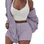이미지를 갤러리 뷰어에 로드 , Gym Fitness Home Wear Suit Casual Pajamas Set Women&#39;s Soft Warm Long Sleeve Exposed Navel Vest Shorts 3 Pcs/set
