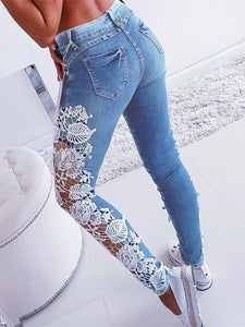 Gym Fitness Women's Lace Floral Crochet Hollow-Out Jeans Elegant Denim Pants