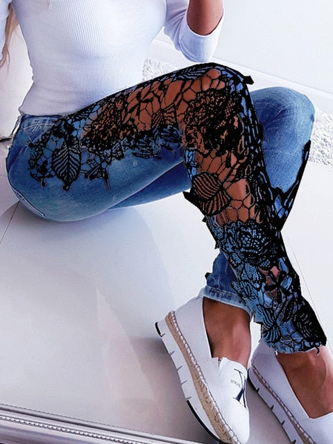 Gym Fitness Women's Lace Floral Crochet Hollow-Out Jeans Elegant Denim Pants