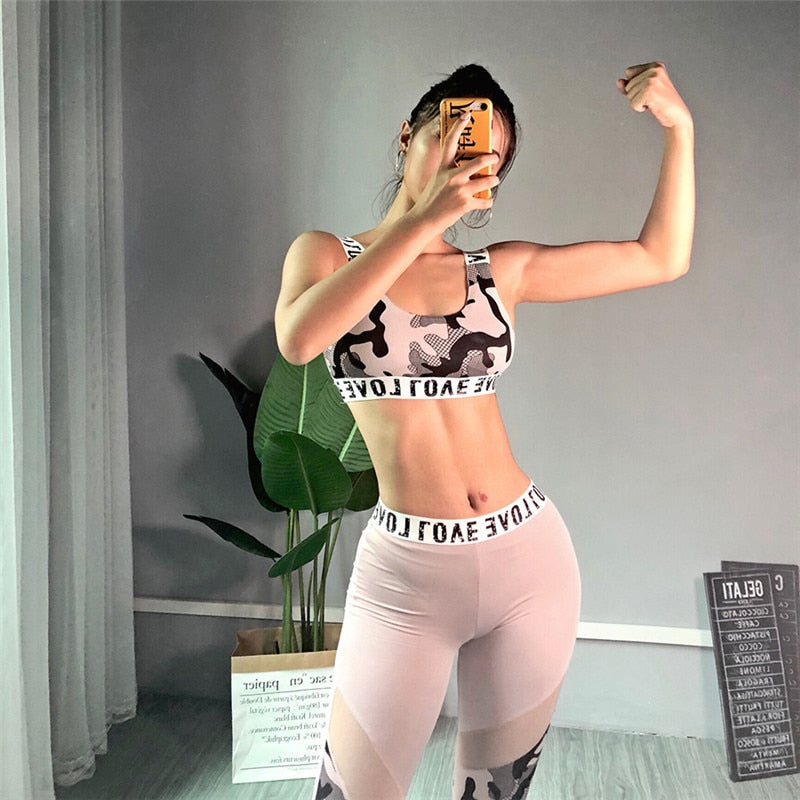 Women's Yoga Set Gym Fitness Camouflage Sports Suit Bra & Pants Mesh High Elastic Workout Sportswear