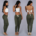 Lade das Bild in den Galerie-Viewer, Gym Fitness Women&#39;s Lace Up Waist Pants Solid Pencil Pants Multi-Pockets Trousers
