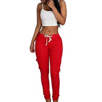 Lade das Bild in den Galerie-Viewer, Gym Fitness Women&#39;s Lace Up Waist Pants Solid Pencil Pants Multi-Pockets Trousers
