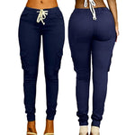 이미지를 갤러리 뷰어에 로드 , Gym Fitness Women&#39;s Lace Up Waist Pants Solid Pencil Pants Multi-Pockets Trousers
