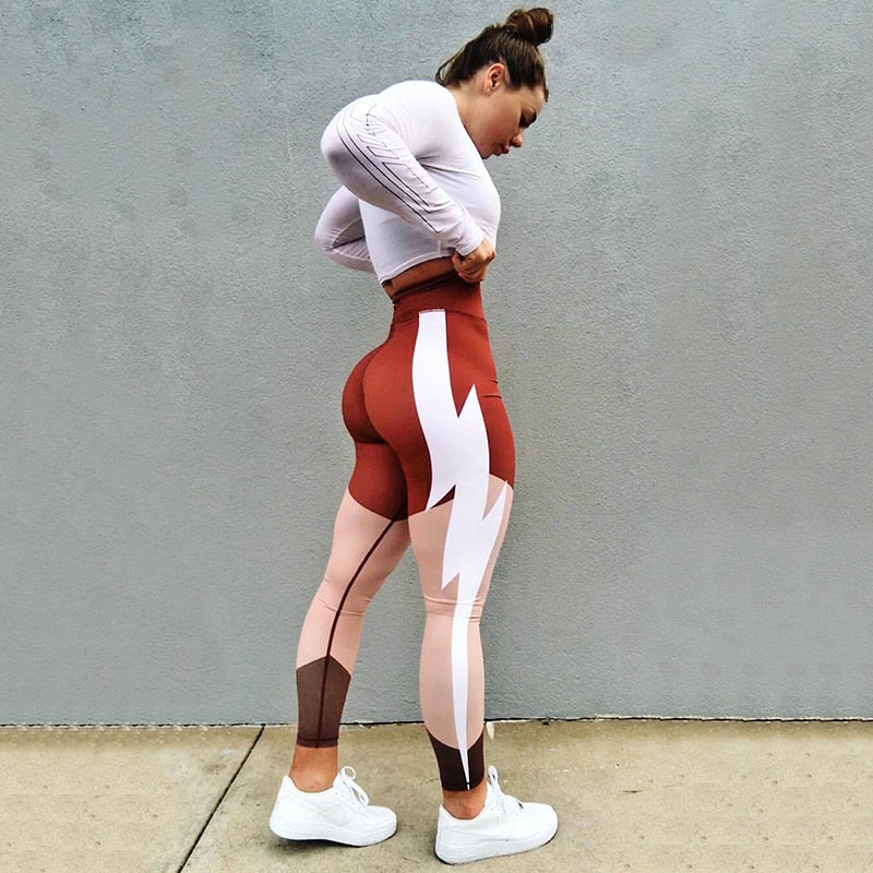 Lightning Printing Women's Sexy Leggings Orange Sporting Fitness Pants High Waist Push Up Workout Leggings